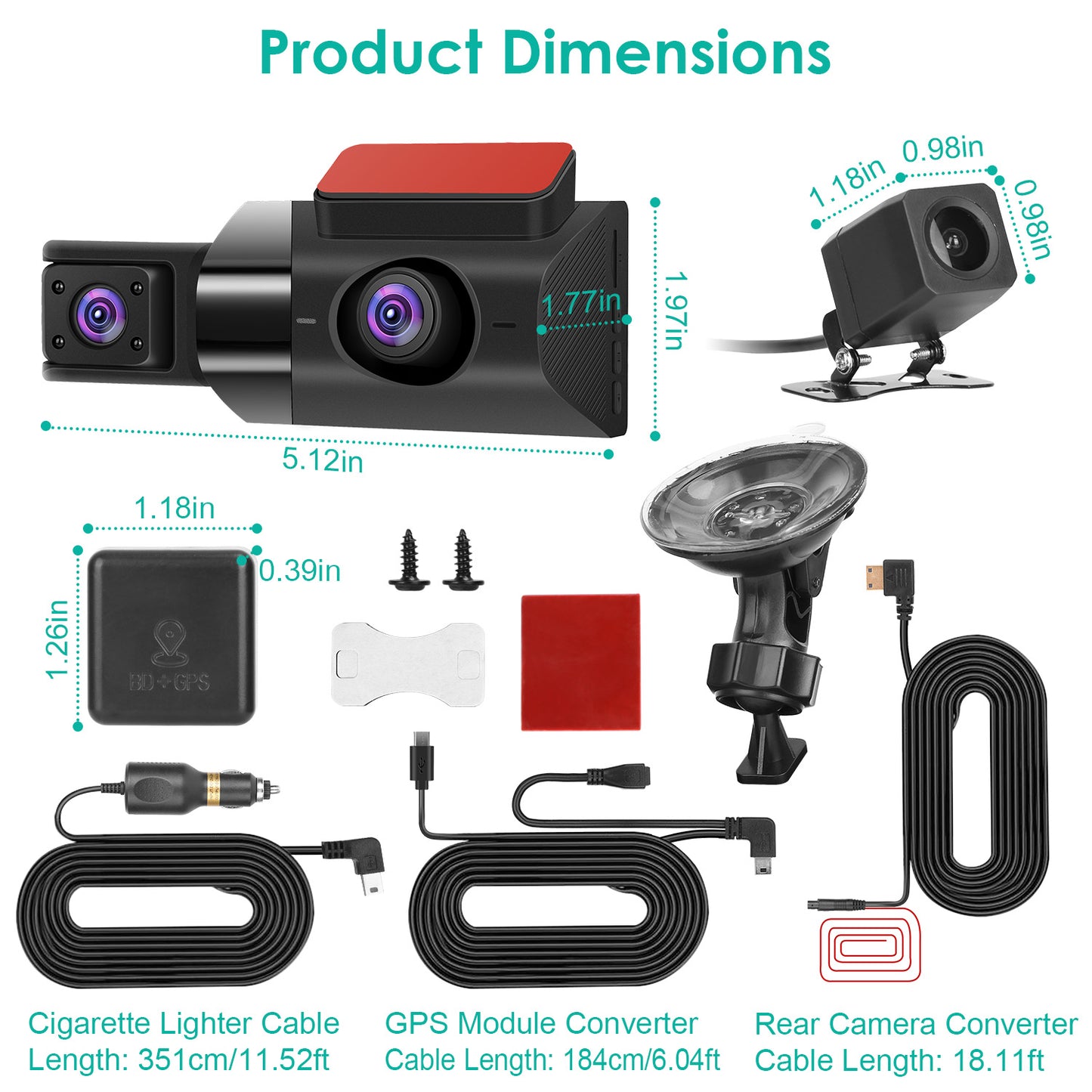2K Car DVR 3 Channel Dash Cam Camcorder Camera Recorder With 140 Degree Angle GPS WiFi Night Vision G-sensor Loop Recording Parking Monitor