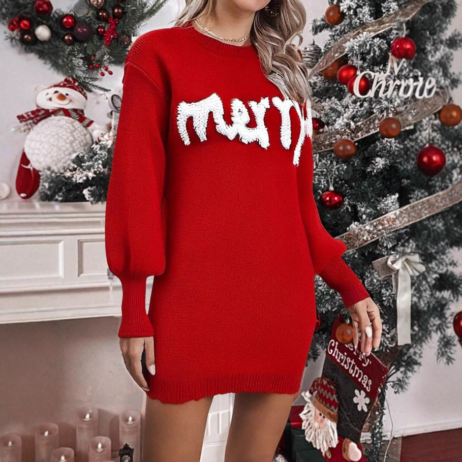 Women's Christmas Knitted Round Neck Sweater Dresses Lantern Sleeve Pullover Sheath Dress Elegant Loose New Year Party Dresses Fall Winter Knitted Sweater Jumper