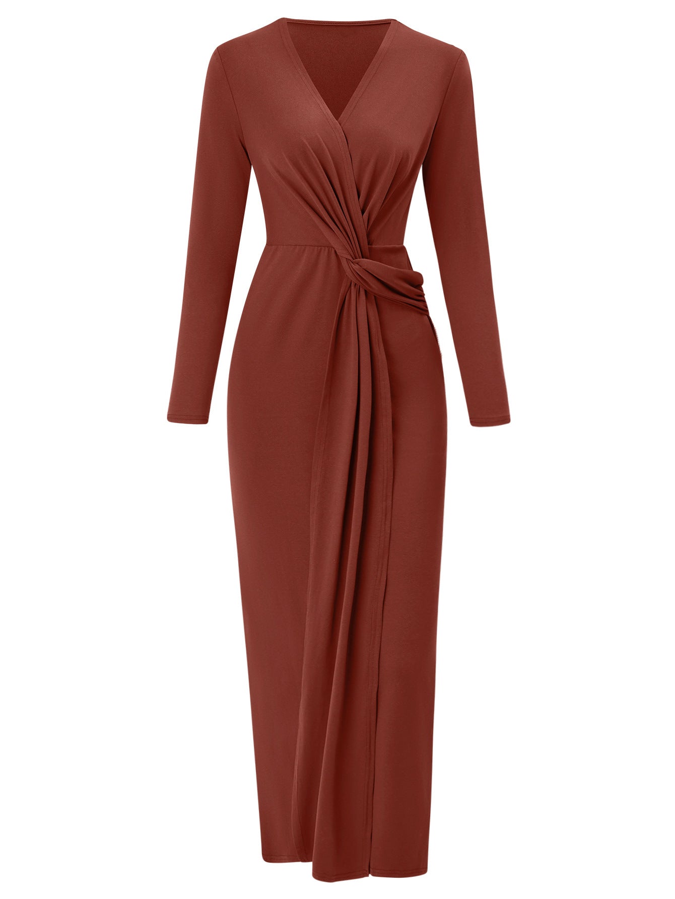 V-neck Solid Color Kink Waist Long Sleeve Dress