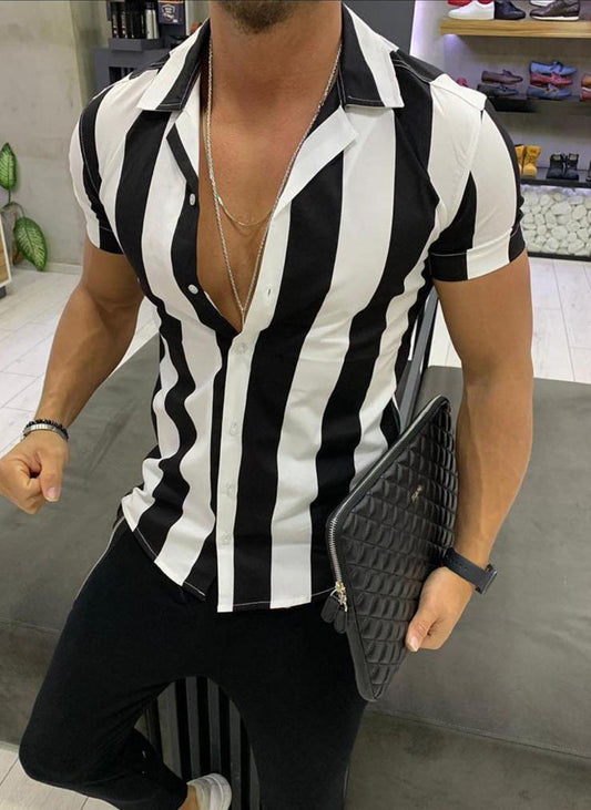 Striped Color Block Slim Fit Shirt Men's Short-sleeved Shirt