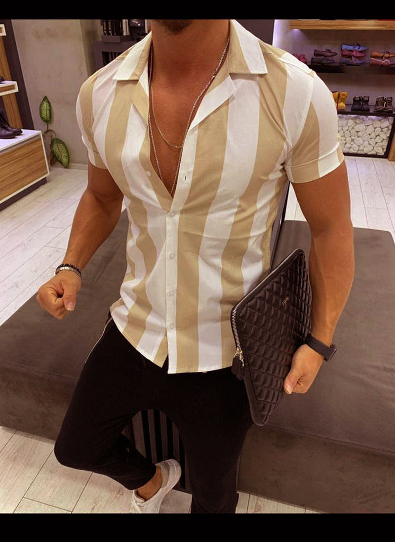 Striped Color Block Slim Fit Shirt Men's Short-sleeved Shirt