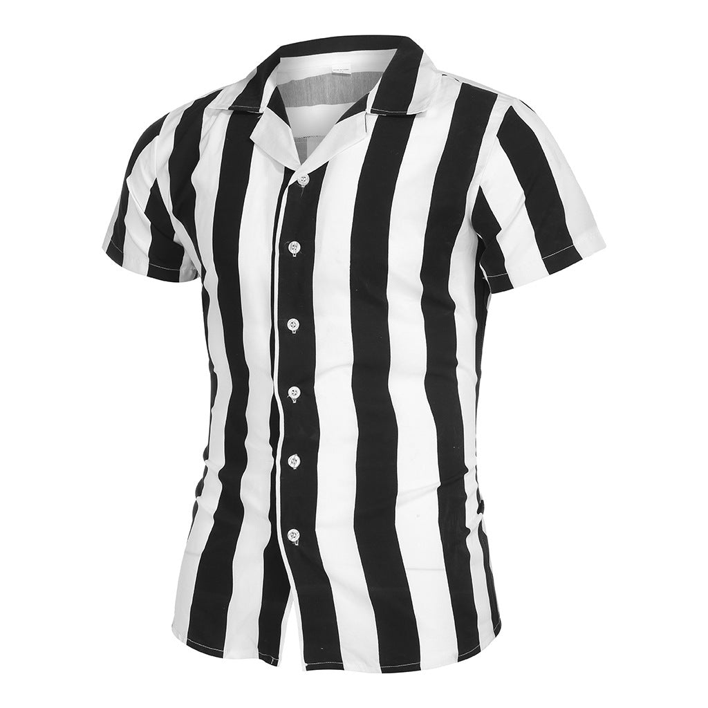 Striped Color Block Slim Fit Shirt Men's Short-sleeved Shirt