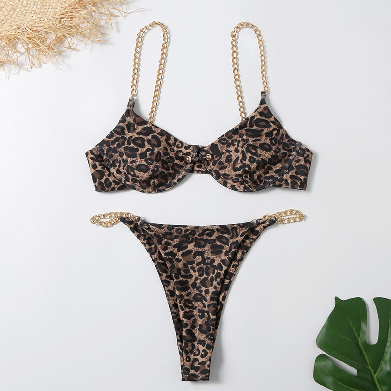 Women's Sexy Split Chain Solid Color Halter Strap Bikini Swimsuit Two Piece Swimwear Beachwear