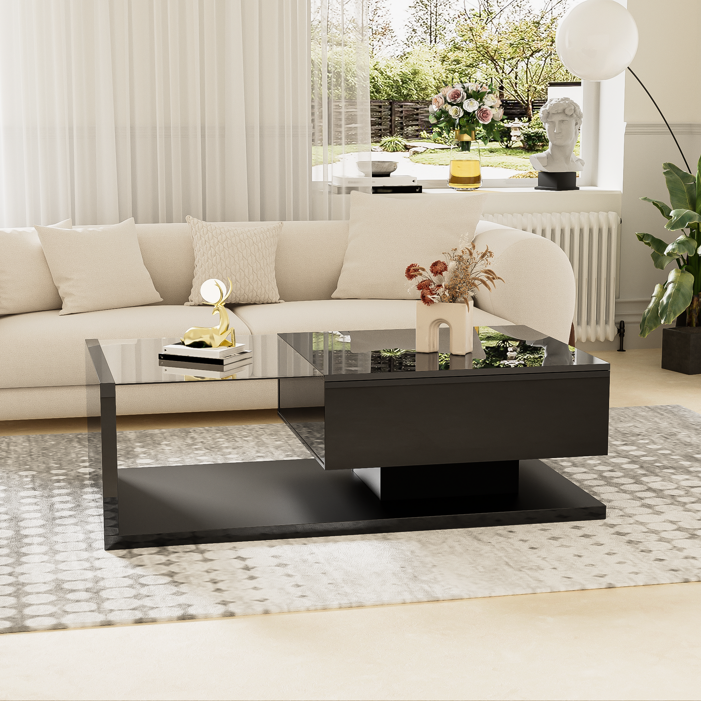 Coffee Table, High-gloss Black. Side Tables, Coffee Tables With Glass And LED