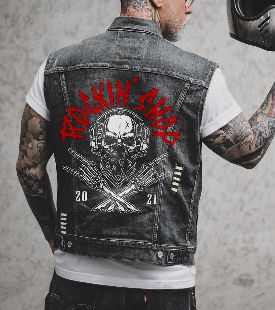 Leisure Punk Skull Bones Denim Locomotive Turn-down Collar Coat