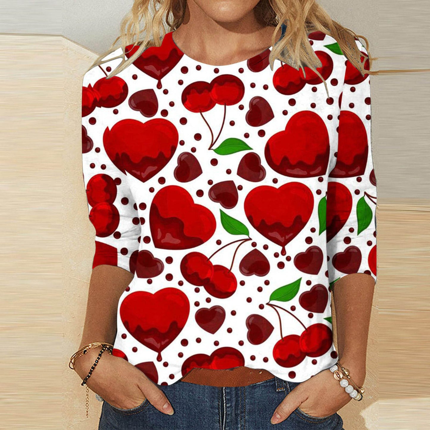 Valentine's Day Female With Hearts Printing Crew Neck T-shirt Top