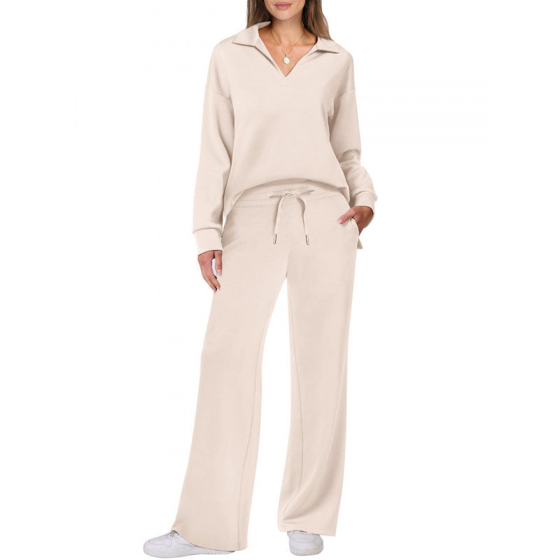 Women's Tracksuit Sports Suit V-neck Long-sleeved Pullover Top And Drawstring Straight-leg Trousers Casual Solid Trousers Set