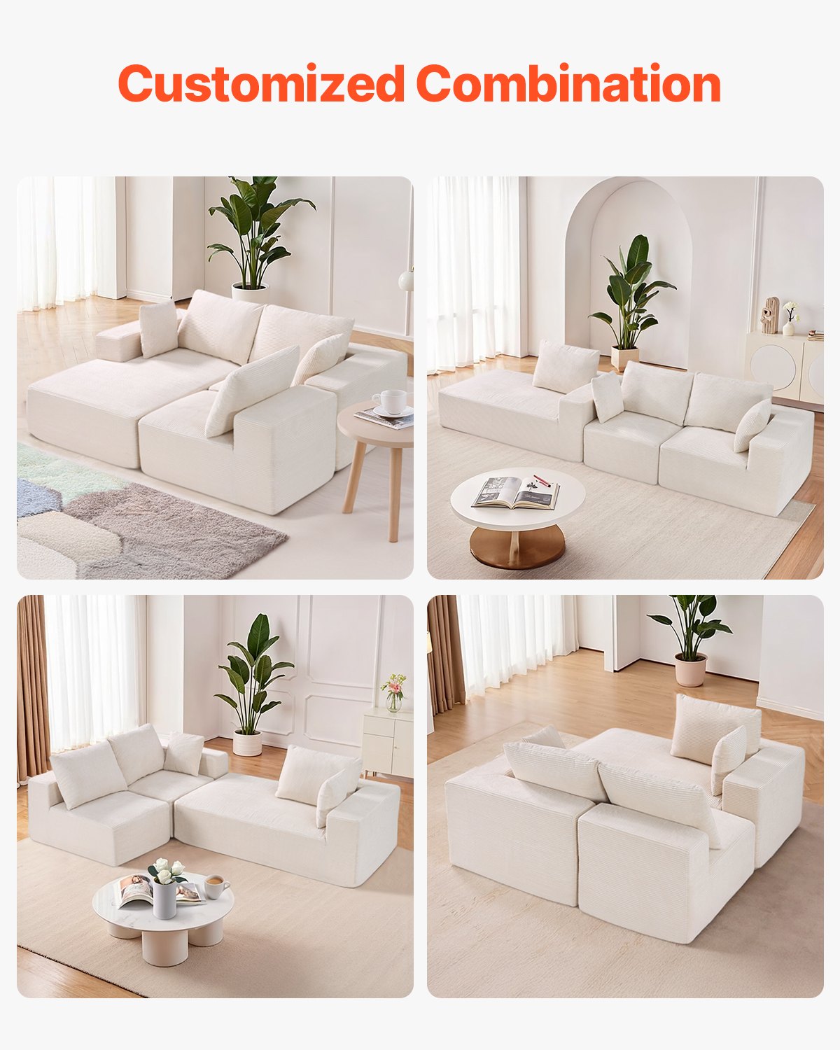 Modular Sectional Sofa, L Shaped Modular Sofa With Chaise, Cloud Sectional Couch With High Rebound Sponge And Density, Upholstered Corduroy Couch With Cushion For Living Room, Apartment, Beige