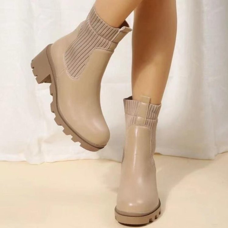 Square Toed Socks Boots Women's High Thick Heel