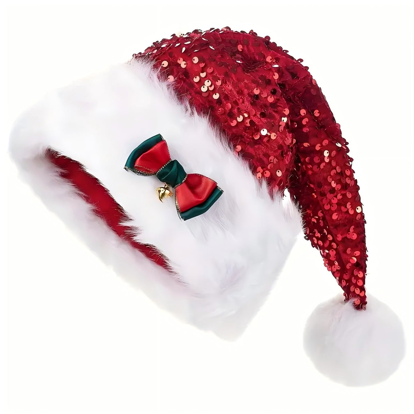 Christmas Hat With Red Sequins And Bow Design Warm Plush Decorative Hat, Christmas Enlarged And Thickened Long Haired Hat