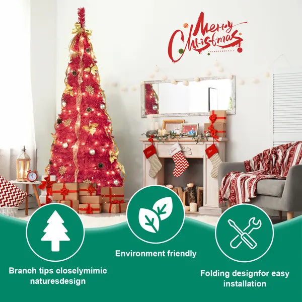 6FT Red Pop-Up Christmas Tree With 150 Warm White LED Lights, Ornaments Included – 4 Ribbons, Bow, Flowers, Snowflakes, Pine Cones & Balls – Easy Assembly & Space-Saving Holiday Décor