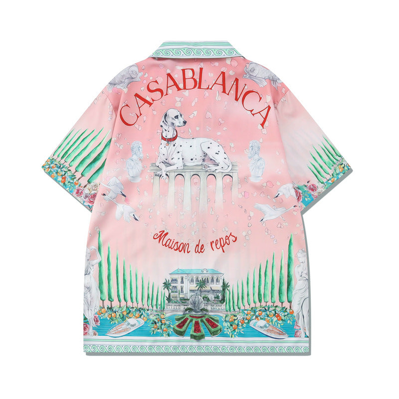 European And American High Street Printed Shirt Suit Light Luxury Cuban Collar Shirt Cross-border Short Sleeve Shorts Matching