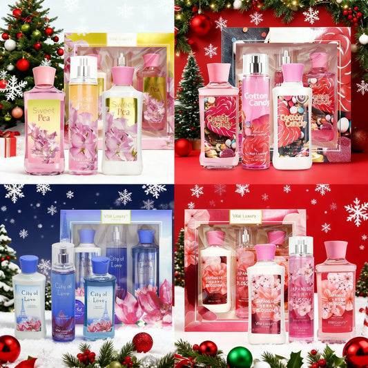 Christmas Gift Set 3-Piece Set, 10 Fl.oz Body Care Fragrance Set, Featuring Floral, Candy, And Sweet Pea Scents. Includes Scented Shower Gel, Body Lotion, And Body Mist.  A Perfect Winter Body Moistur