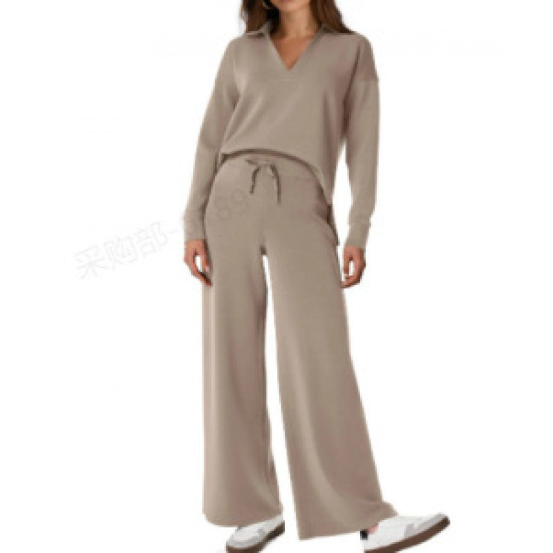 Women's Tracksuit Sports Suit V-neck Long-sleeved Pullover Top And Drawstring Straight-leg Trousers Casual Solid Trousers Set
