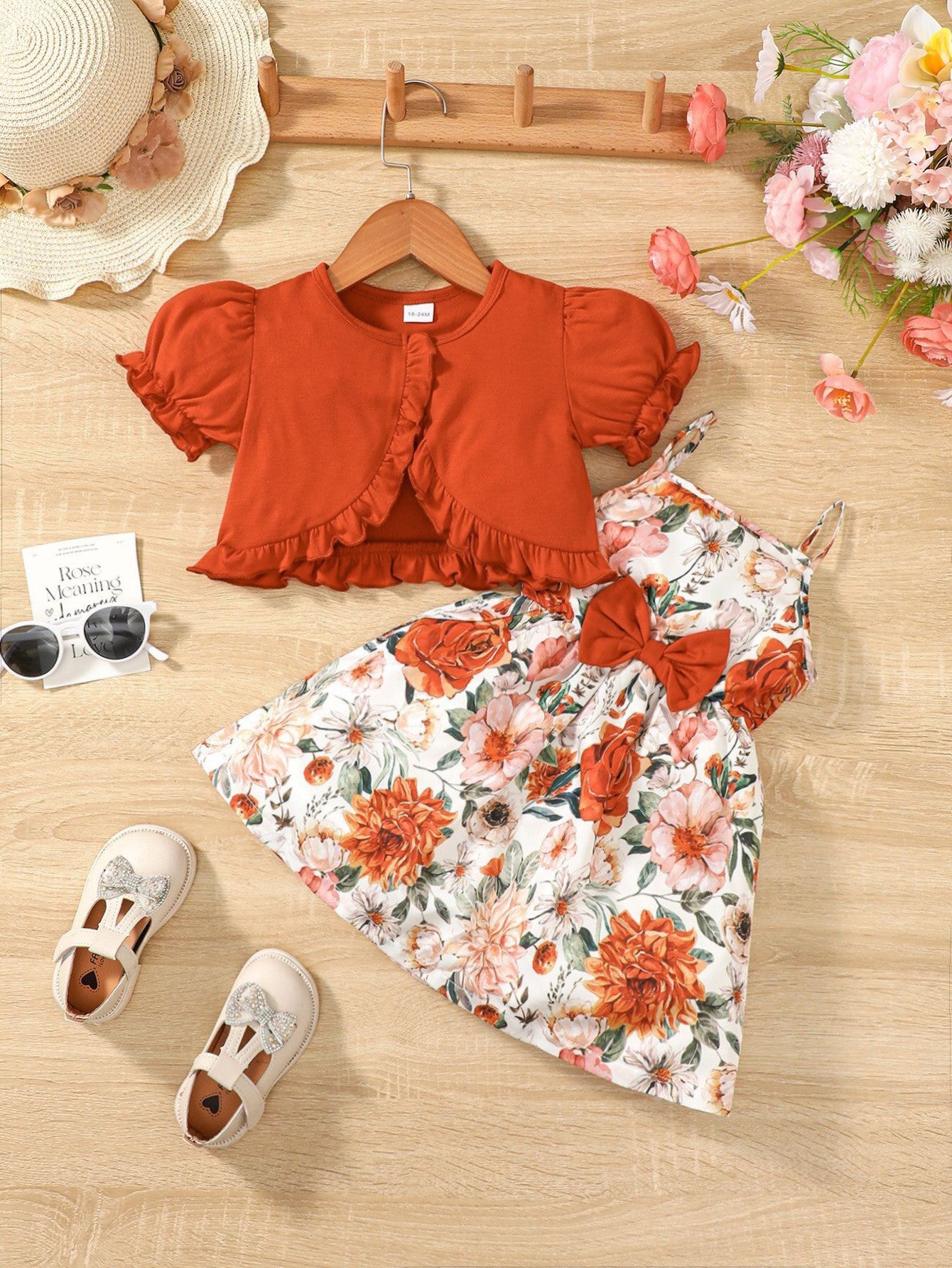 Sweet Little Girl's Floral Print Bowknot Suspender Dress Set