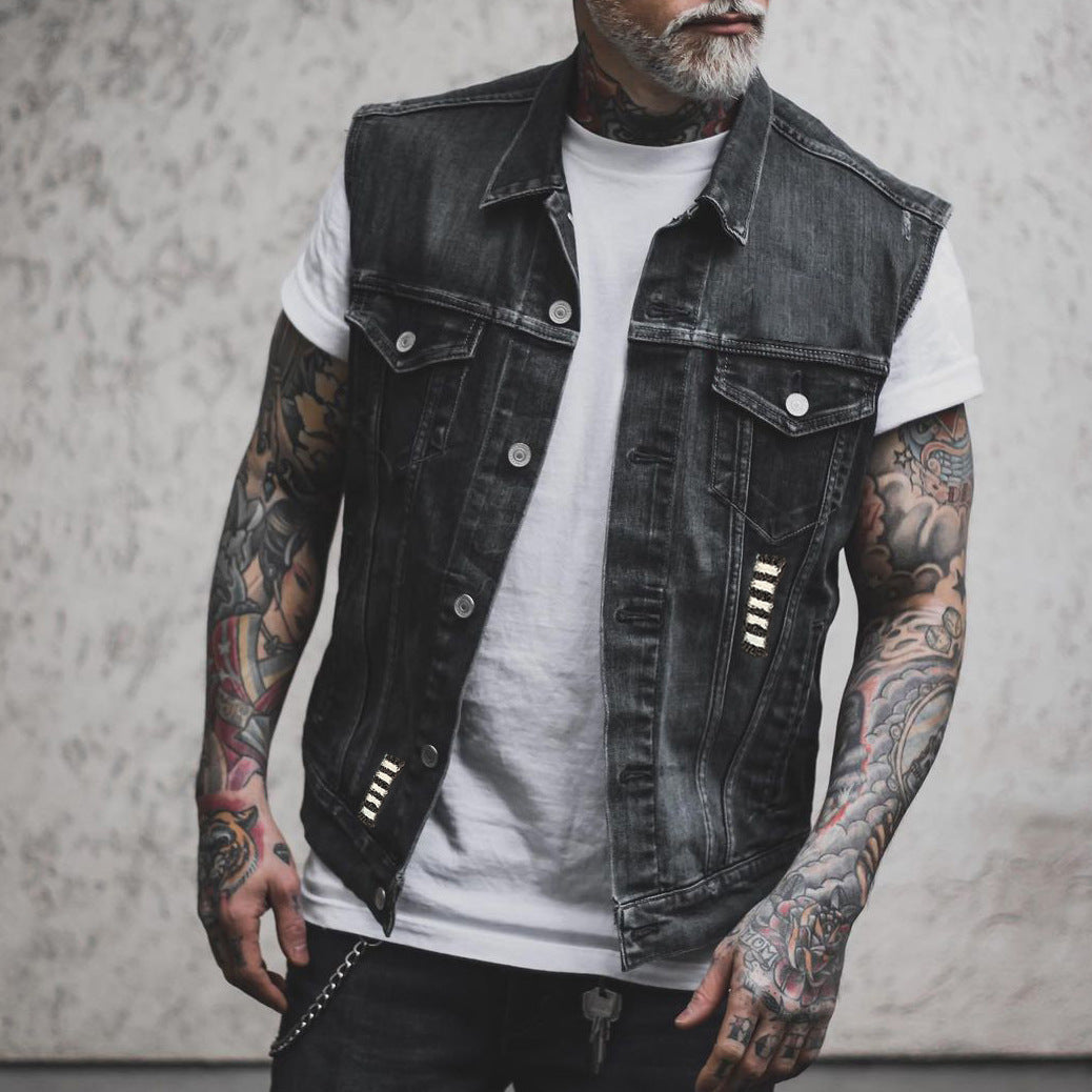 Leisure Punk Skull Bones Denim Locomotive Turn-down Collar Coat