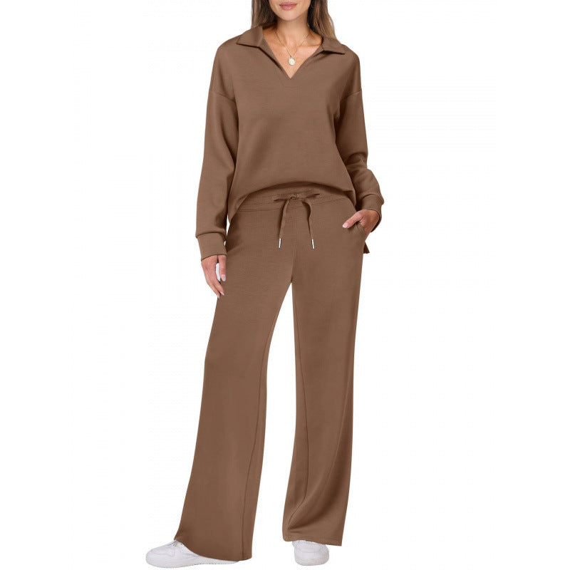 Women's Tracksuit Sports Suit V-neck Long-sleeved Pullover Top And Drawstring Straight-leg Trousers Casual Solid Trousers Set