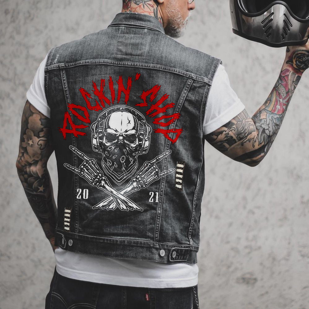 Leisure Punk Skull Bones Denim Locomotive Turn-down Collar Coat