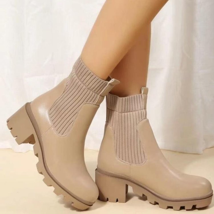 Square Toed Socks Boots Women's High Thick Heel