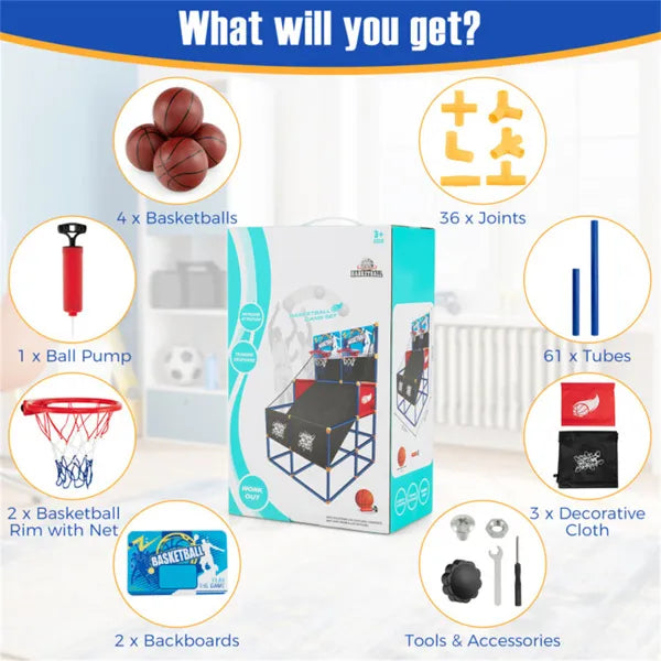 Dual Shot Kids Basketball Arcade Game - 2 Backboards+4 PVC Balls+Pump, 3+ Ages, Black+Blue+Red