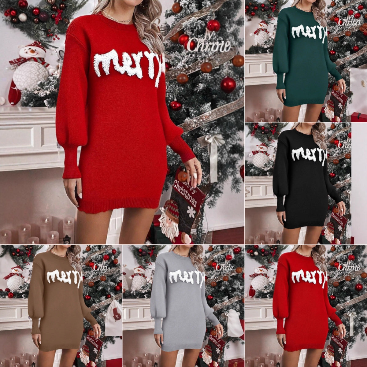 Women's Christmas Knitted Round Neck Sweater Dresses Lantern Sleeve Pullover Sheath Dress Elegant Loose New Year Party Dresses Fall Winter Knitted Sweater Jumper