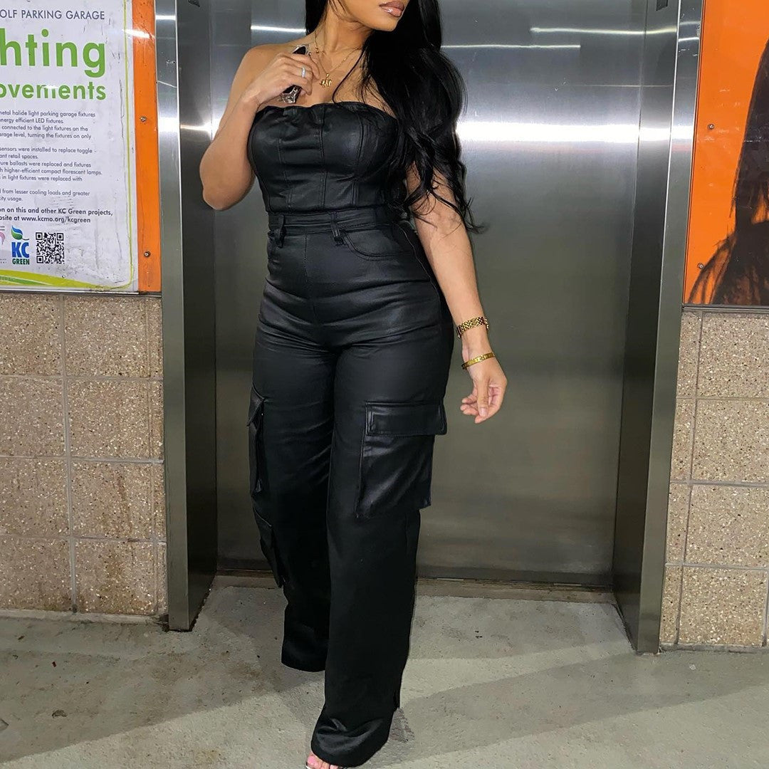 Off-the-shoulder Tube Top Tight-fitting Cinched PU Leather Jumpsuit