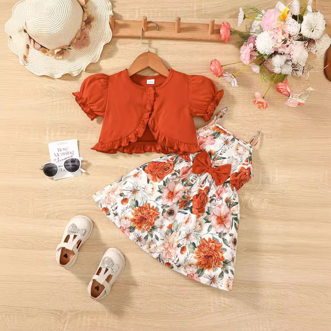 Sweet Little Girl's Floral Print Bowknot Suspender Dress Set