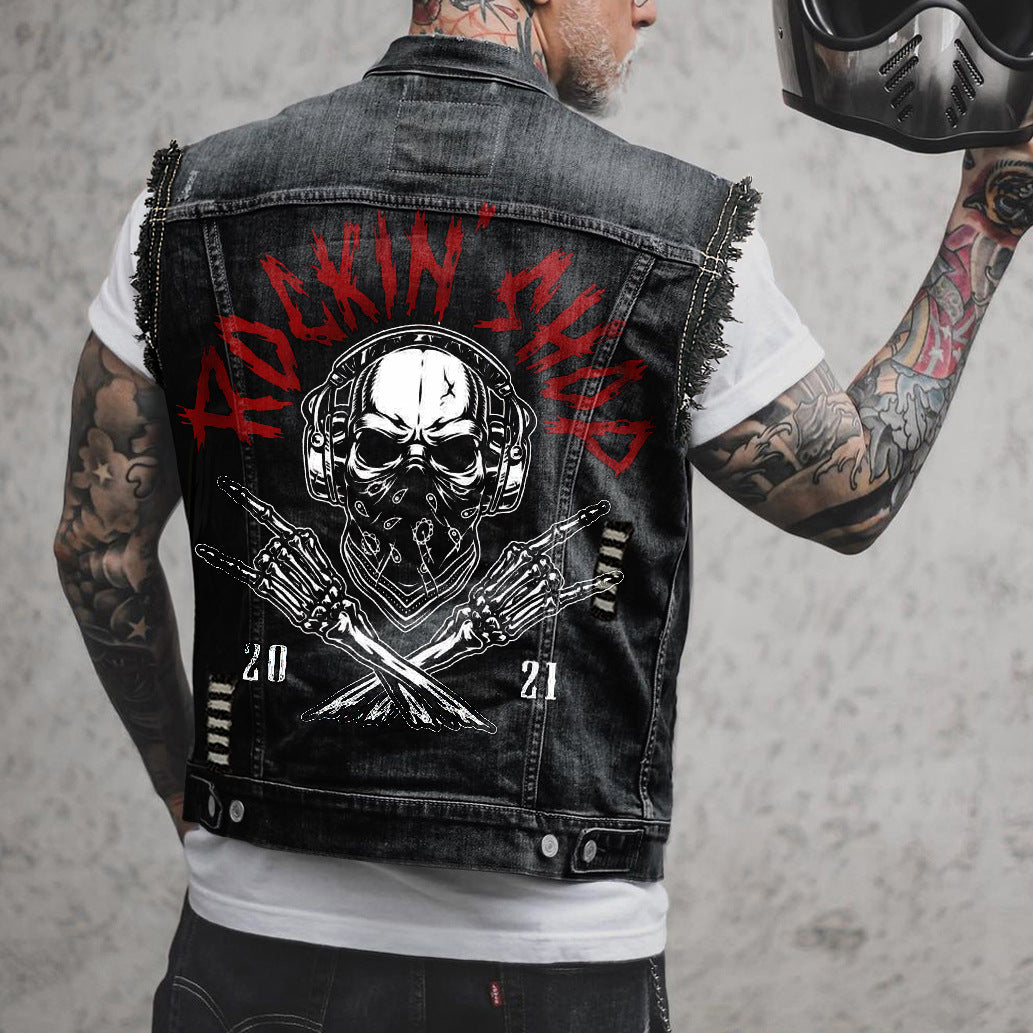 Leisure Punk Skull Bones Denim Locomotive Turn-down Collar Coat